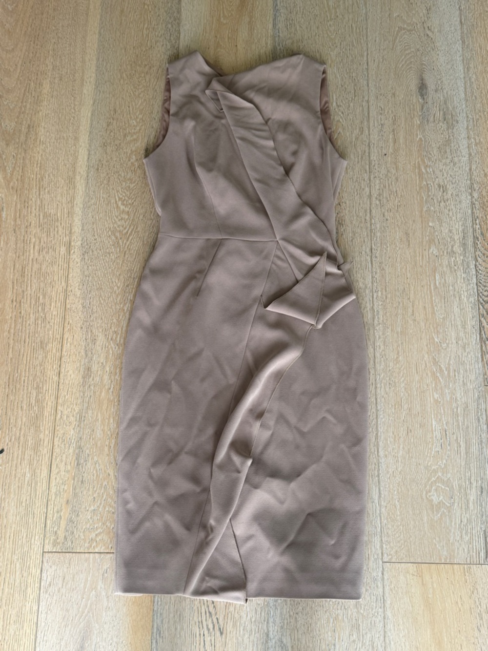 Karen Millen Taupe Sleeveless Midi Dress with Draped Front